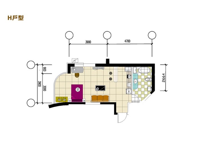 H戶型(包括:2-7#樓,建築面積:46-58m²)